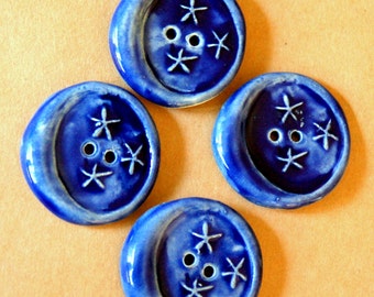 4 Handmade Ceramic Buttons - Moon Buttons - Rich Blue Buttons in Stoneware