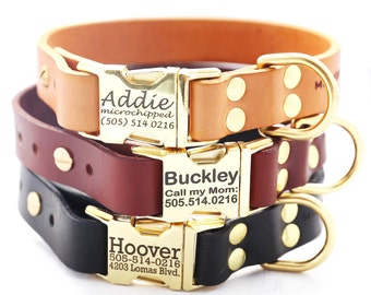 Classic Personalized Leather Dog Collar with Brass Buckle -- 3 colors to choose from