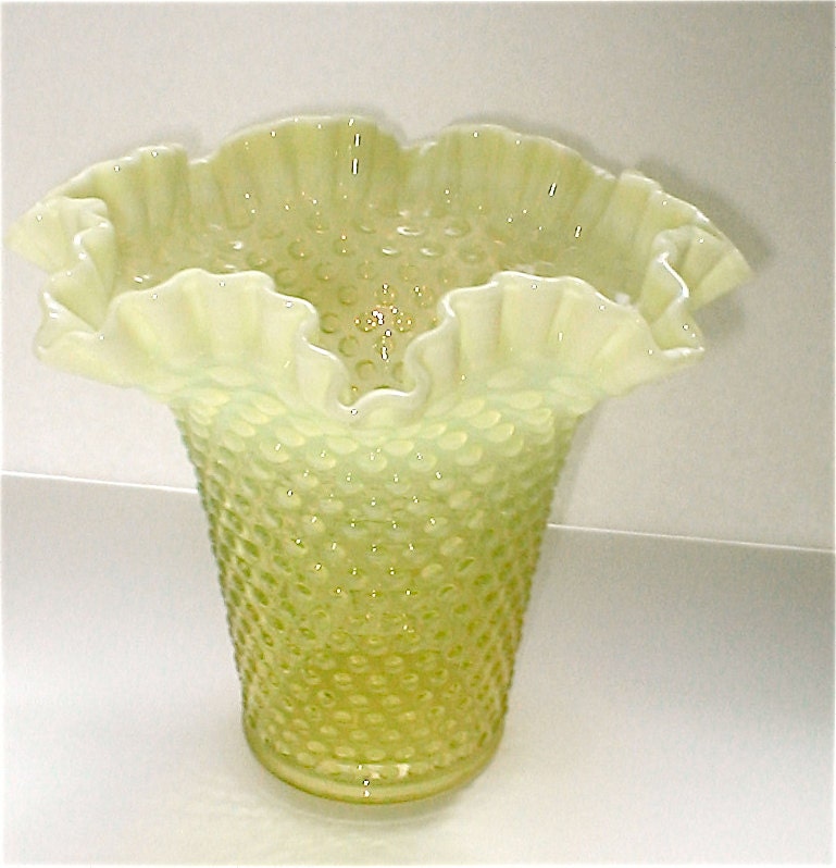 Fenton Hobnail Vase Opalescent Vaseline Yellow With Flared