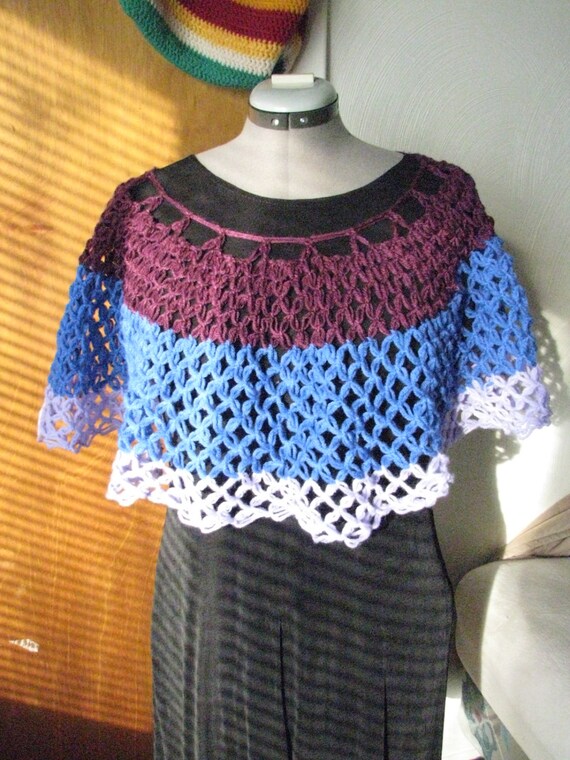 Blue and Deep Purple Crocheted Mesh Poncho or shawl