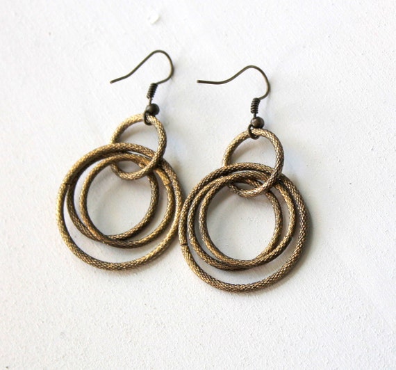 Antique Brass Earrings, Brass Hoops, Multiple Hoops, Large Hoop Earrings, Exotic Earrings, Rustic, Edgy Boho Earrings, Trio, Antique Gold