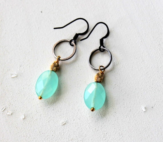 Seafoam Earrings, Sea Blue Green Quartz, Caribbean Water, Gift Earrings, Black Hoop Earring, Seafoam Black Gold, Ocean Blue, Drop Earrings