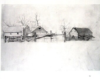 Andrew Wyeth - Mill Buildings - Black and White - 11 x 8.5 - 1963 Vintage Book Page Illustration