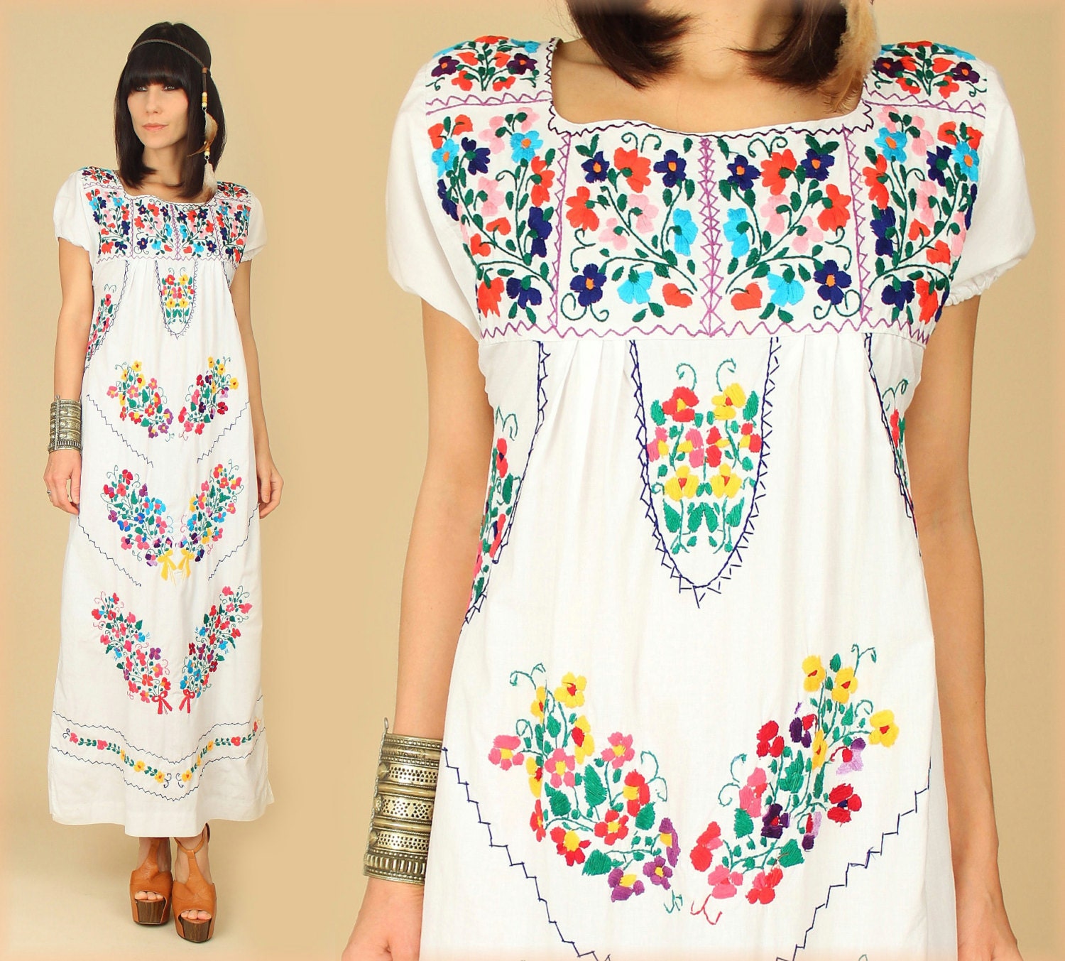 Mexican EMBROIDERED Dress Maxi OAXACAN Floral Cotton ViNtAgE