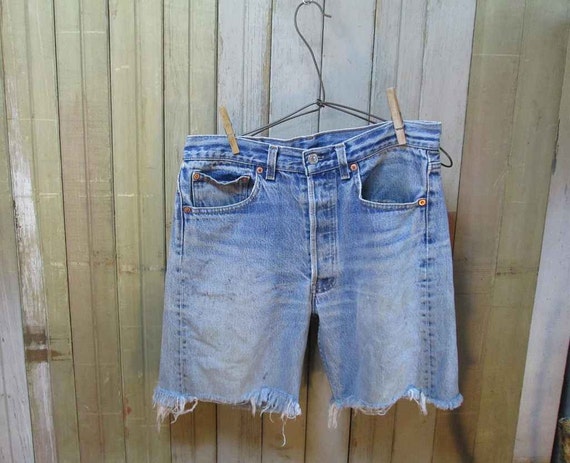 Vintage 501 Levis  Cutoffs blue denim  Cut Off Shorts worn faded Made in USA  jeans 32