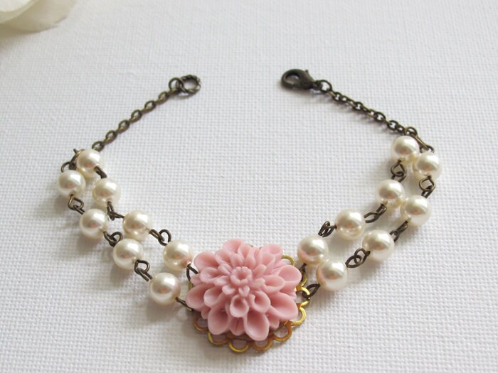 Spring Floral Bracelet. Blush Pink Dahlia. Big flower. by AnnMichy