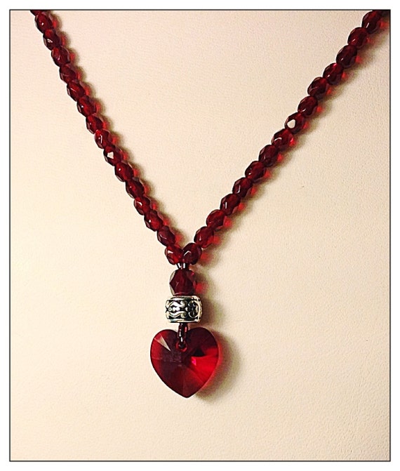 Items similar to Swarovski Red Crystal Heart Necklace, 4mm Garnet Red ...