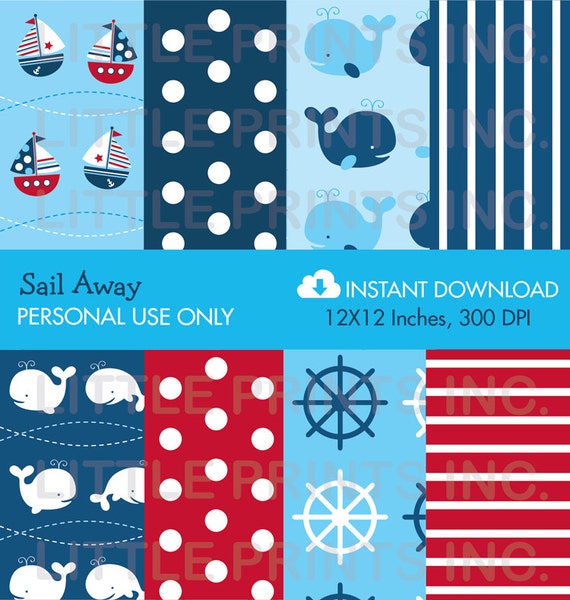 Nautical Whale Sailboat Digital Paper INSTANT DOWNLOAD Il_570xn