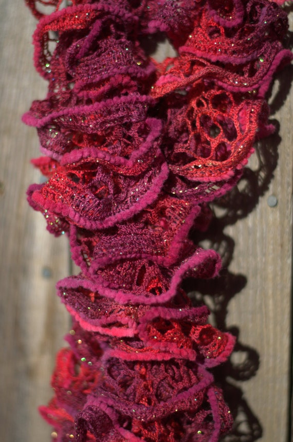 Hand Knit Ruffle Scarf Wine Shimmer Pink and Burgrandy Patron's Pirouette Yarn