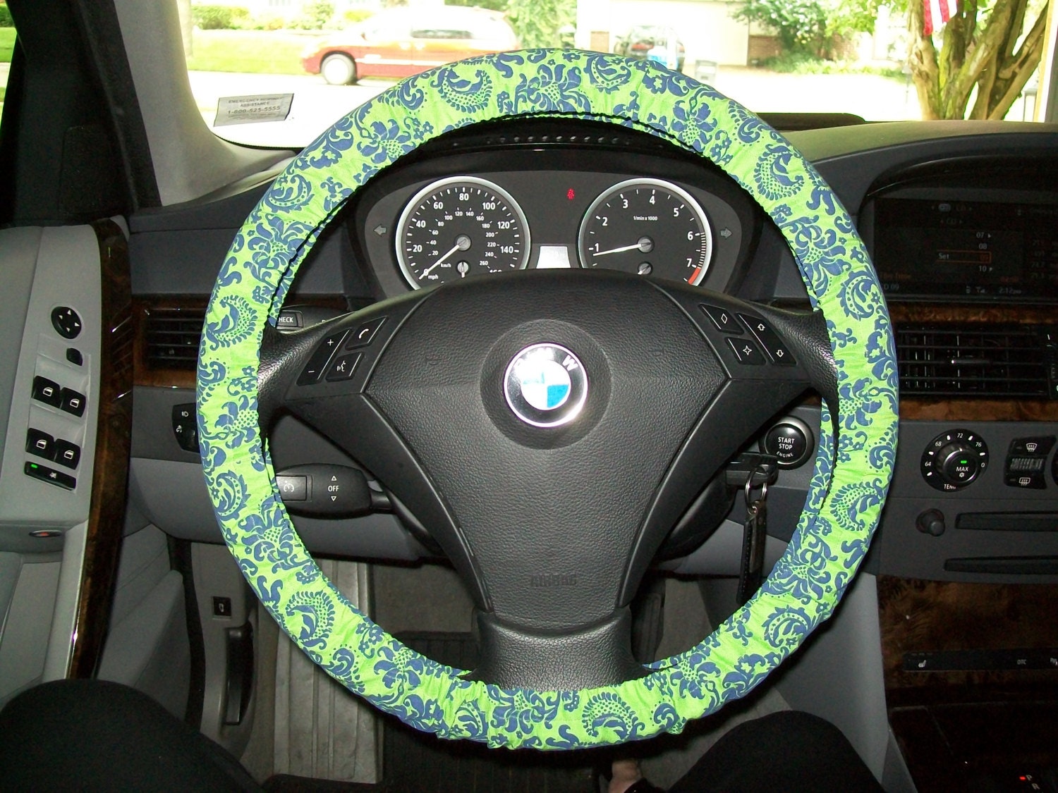 Green and Royal Blue Damask Steering Wheel Cover