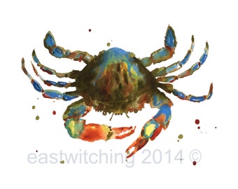 CRAB paintings, crab print, Maryland blue crab, bathroom art, 8x10 print, watercolor