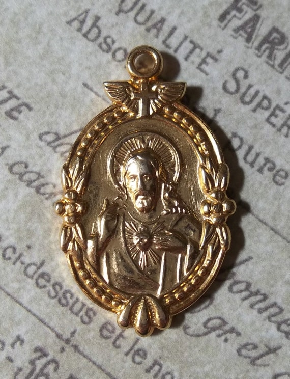 Gold French Catholic Scapular Medal Sacred Heart Of Jesus And