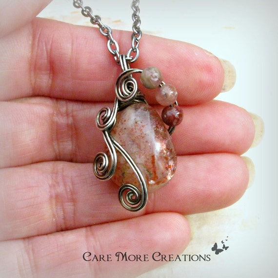 Wire Wrapped Necklace Raspberry Quartz Gemstone Pendant in