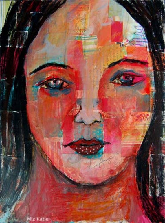 Acrylic Portrait Painting Collage 9x12 Canvas, Original, Colorful, Mixed Media, Girl, Black Hair