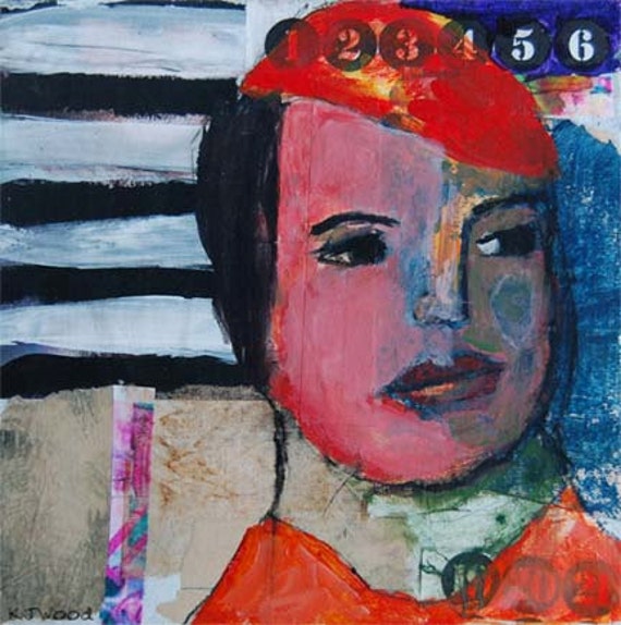 Acrylic Collage Portrait Painting 8x8 Orange Beret, Original, Mixed Media, Girl, Face, Black and White Stripes, Paper Elements