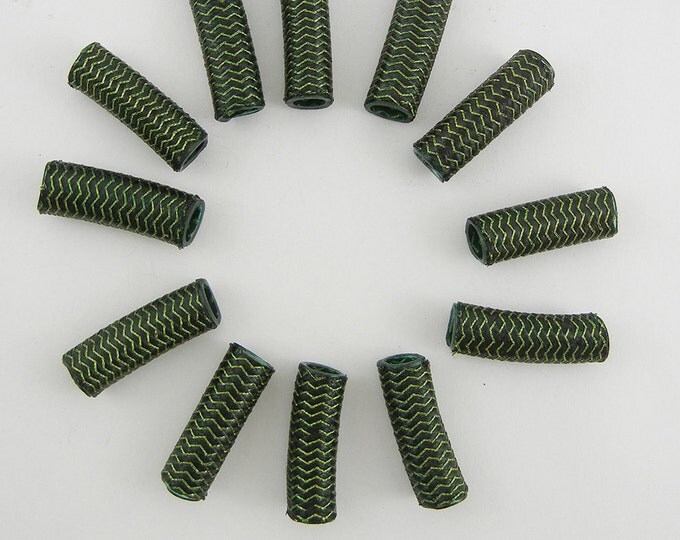 12 Woven Over Acrylic Tube Beads Chevron Design Black and Sage Green