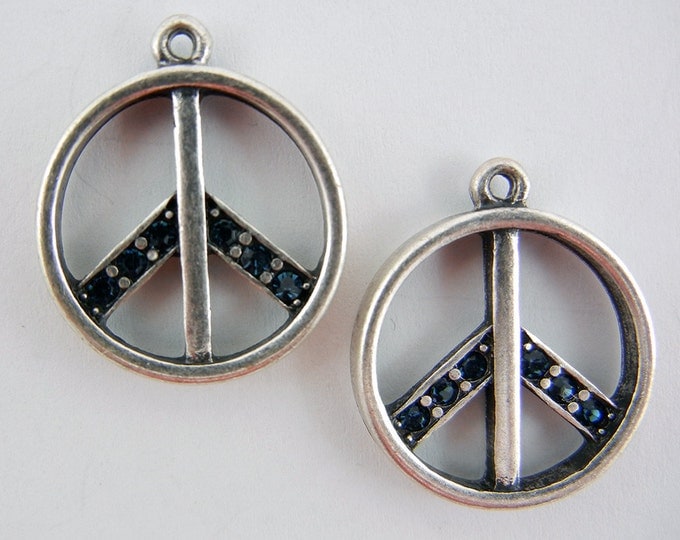 Pair of Dark Blue Rhinestone Peace Signs Matte Silver-tone Peace Sign Charms