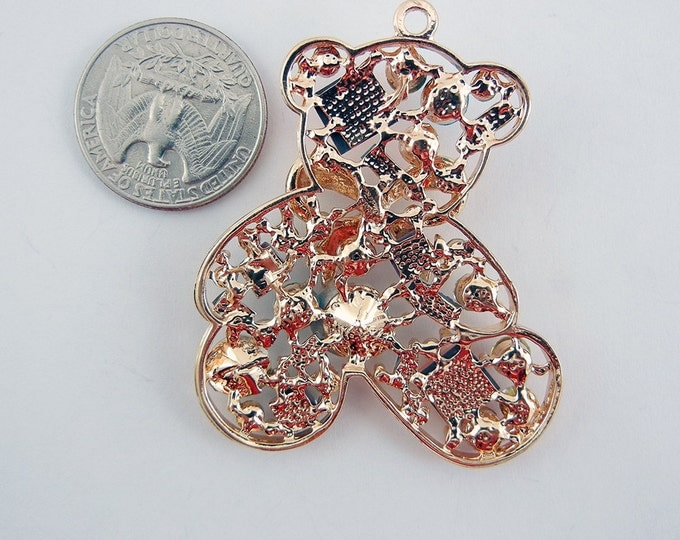 Gold-tone Open Work Teddy Bear Pendant with Various Gem Accents