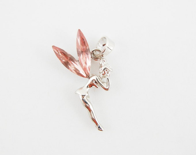 Pink Rhinestone Winged Fairy Pendant Silver-tone