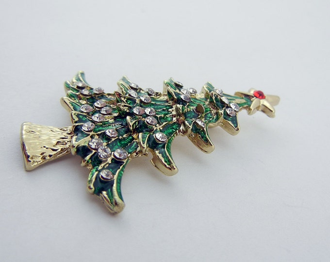 Gold-tone Christmas Tree Pendant with Green Epoxy Rhinestones