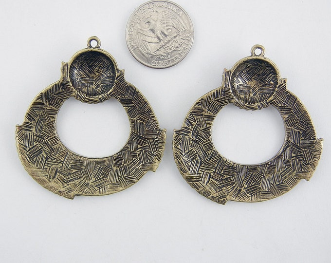 Pair of Large Antique Gold-tone Textured Round Drop Charms Rhinestones