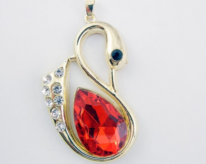 Large Gold-tone Swan Pendant with Rhinestones and Red Acrylic Faceted Gem