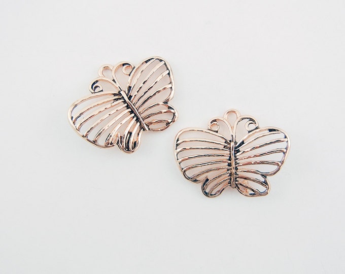 Pair of Linked Burnished Copper-tone Filigree Butterfly Charms