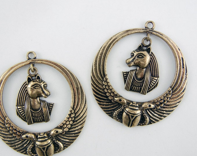 Large Pair of Round Egyptian Goddess Sekhmet Charms Burnished Gold-tone