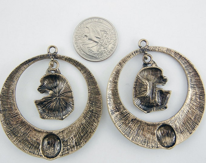 Large Pair of Round Egyptian Goddess Sekhmet Charms Burnished Gold-tone