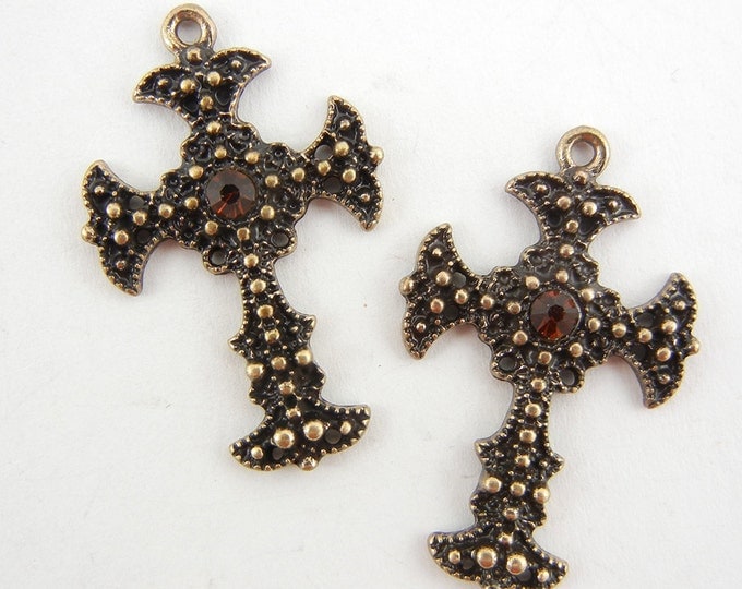 Pair of Small Antique Gold-tone Textured Cross Charms with Topaz Rhinestone