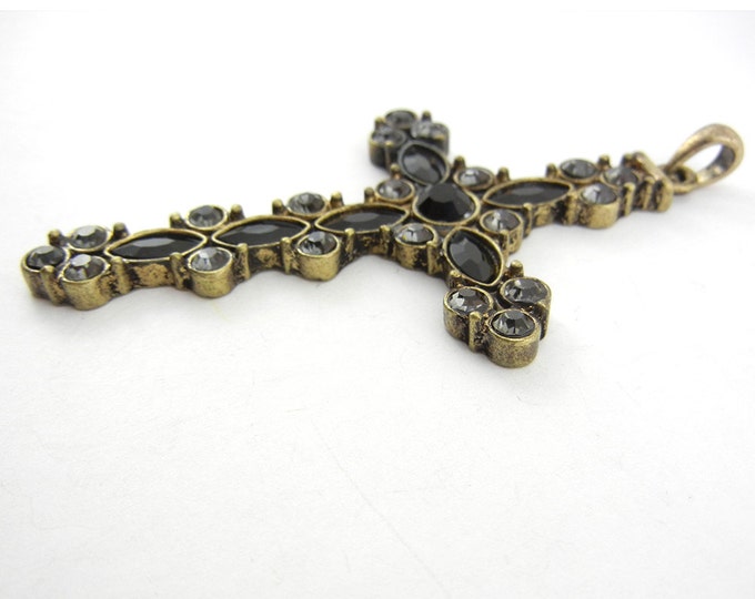 Burnished Gold-tone Gray and Black Rhinestone Encrusted Cross Pendant