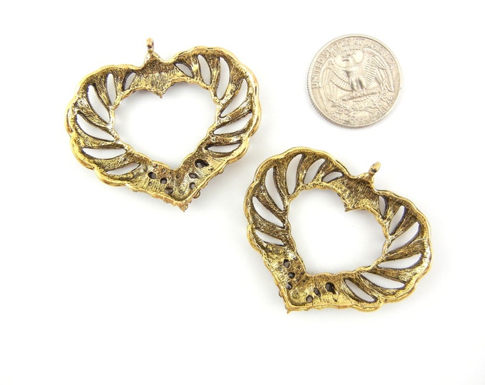 Pair of Filigee Heart Charms with Topaz Rhinestones Antique Gold-tone