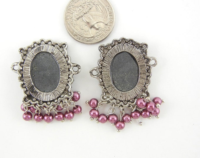 Set of 2 Purple Acrylic Cameo Double Link Side Charms Amethyst Rhinestones