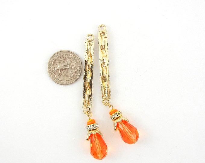 Pair of Long Gold-tone Rhinestone Orange Teardrop Charms