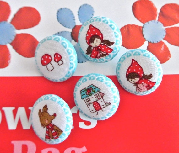 Fabric Button, Fridge Magnets, Animal Magnet, Covered Button, Riley Blake Little Red Riding Hood buttons,  Animal Buttons, Flat Back, 1" 5's