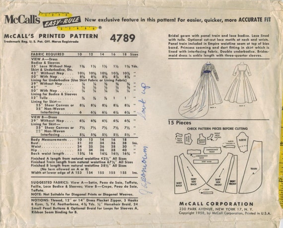 1950s McCall's 4789 Vintage Sewing Pattern Misses Wedding