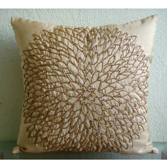 Throw Pillow Covers 20x20 Silk Bead Gold Embroidered Pillow