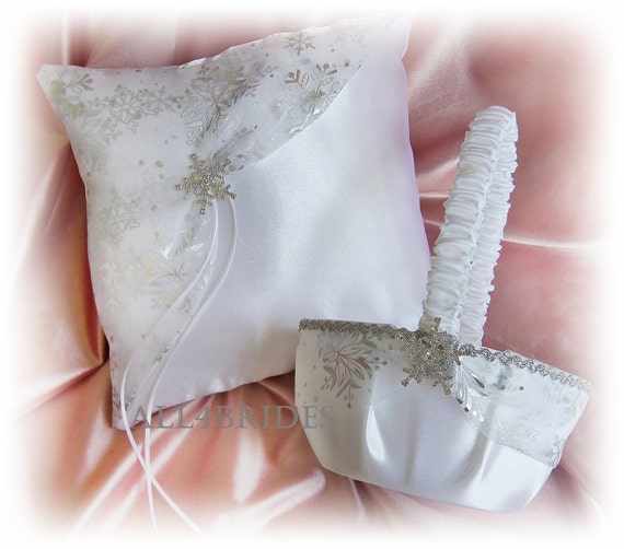 Snowflake flower girl basket and ring bearer pillow, winter weddings ceremony decor