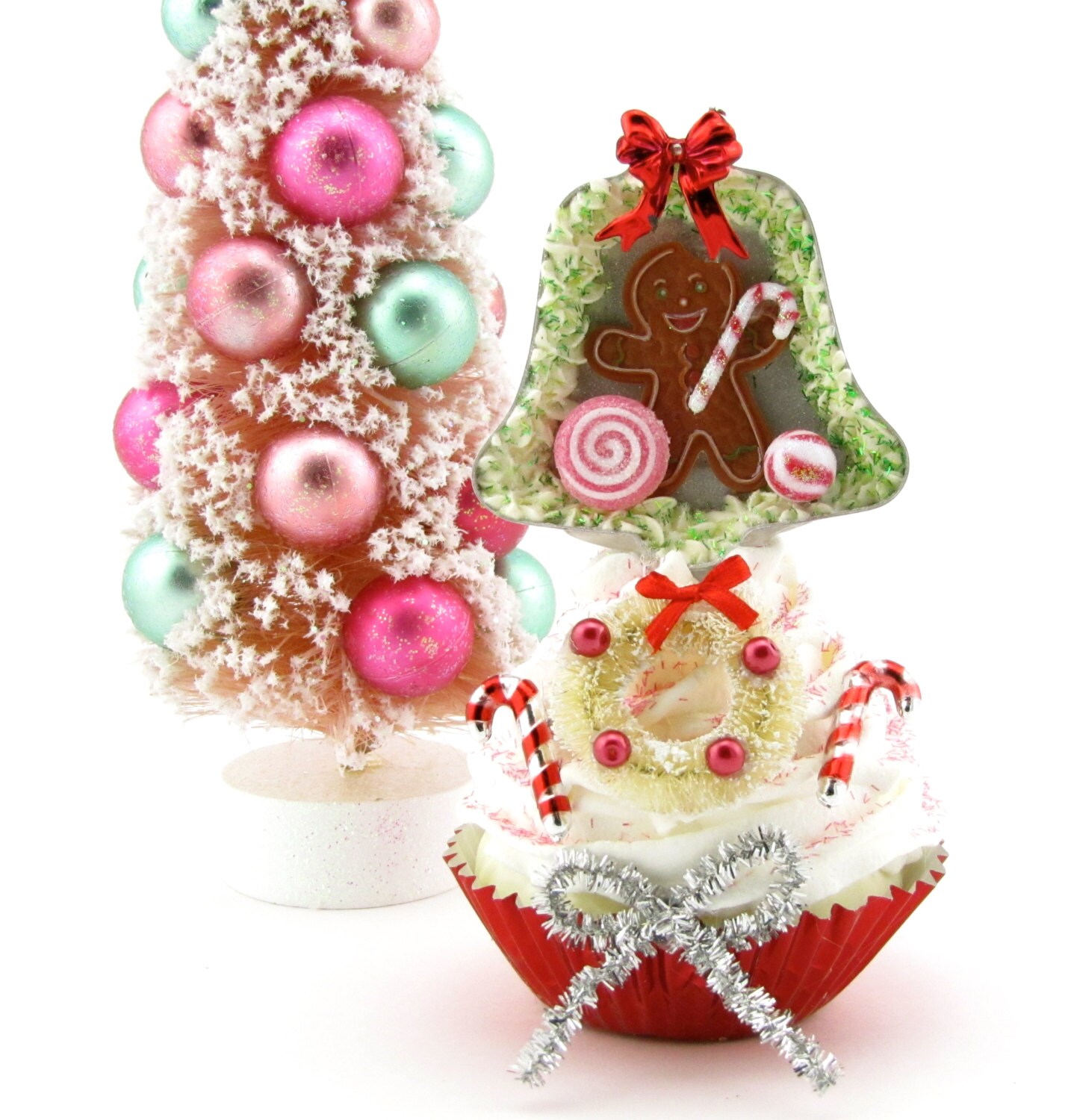 Vintage Cookie Cutter Gingerbread Man Cupcake Ornament w/Fake Cupcake & Bottle Brush Wreath Limited Edition Holiday Decor Fab Hostess Gift