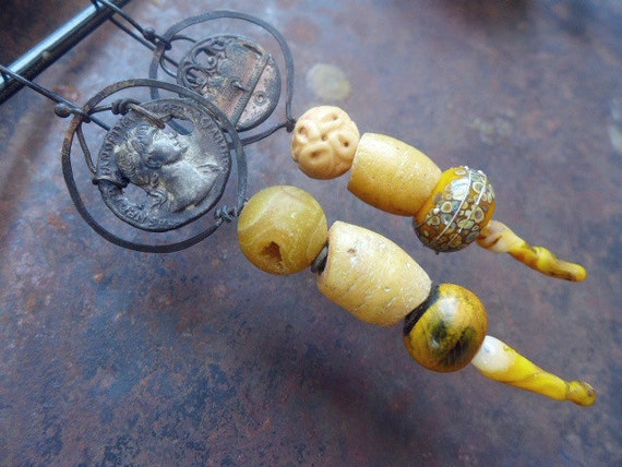 History and Memory. Rustic asymmetrical assemblage statement art earrings in yellow.