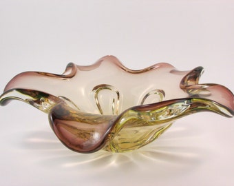 Vintage Murano Art Glass Purple and Green Clear Glass Bowl Freeform Style Bowl Italian Glass Made in Italy