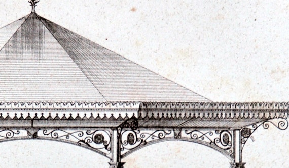 1880 French Antique Engraving of Decorative and Architectural Metalwork. Music Paviliion. Plate 1