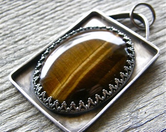 Tiger's Eye Metalwork Pendant or Necklace, Large Stone Pendant Necklace