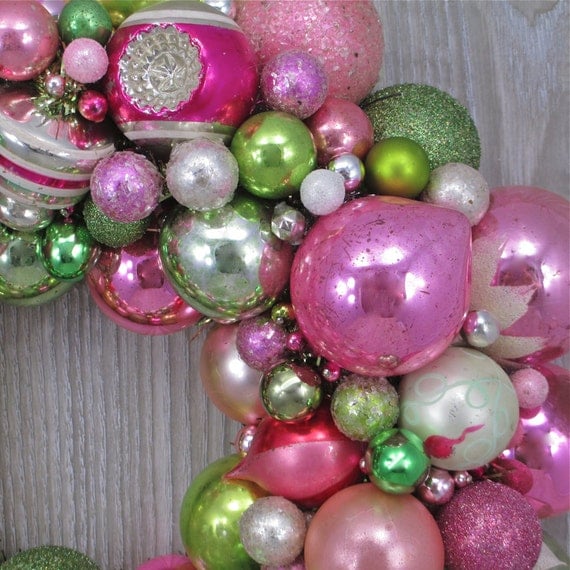 Faded Pink and Green Christmas Ornament Wreath with Vintage