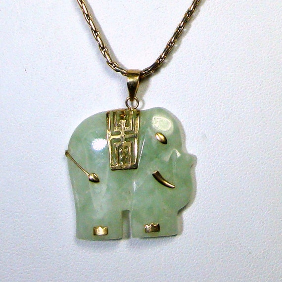 Jade Elephant Pendant Gold Chain Trunk Up by VintageStarrBeads