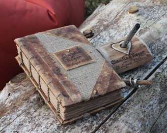 Vintage look burlap and leather journal wedding guestbook 8,7 x 6,5 with names Coptic stitch Notepad Notebook Diary Sketchbook