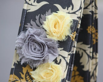SLR or DSLR Camera Strap Cover - lens cap pocket and padding - Shabby Chic Damask in Granite Floral