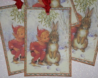 Christmas Tags Elf and Bunny, Holiday Tags, Vintage Christmas Tags, Christmas Gift Tags