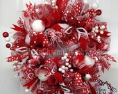 DELUXE Deco Mesh CHRISTMAS Wreath Red White Poinsettias Polka Dot For Door or Wall Il_170x135