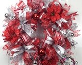 Premium Deco Mesh CHRISTMAS Wreath For Door or Wall Red Silver Glam Il_170x135